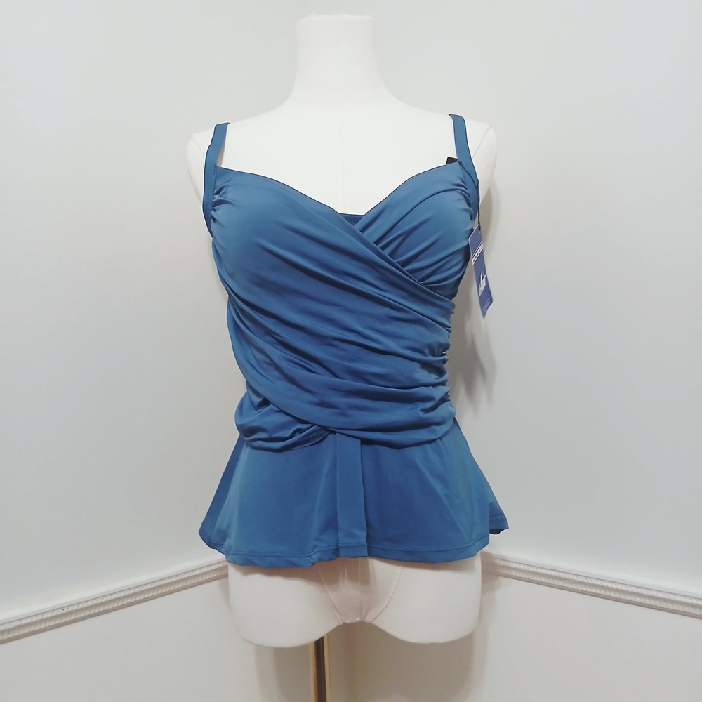 Hilor Women Teal Blue Crossover Ruched Peplum Tankini Swim Top Size 8 NWT